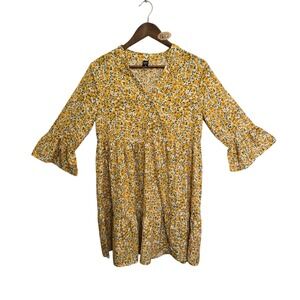 Emery Rose Yellow Floral Babydoll Mini Dress Ruffle Sleeve Size M‎